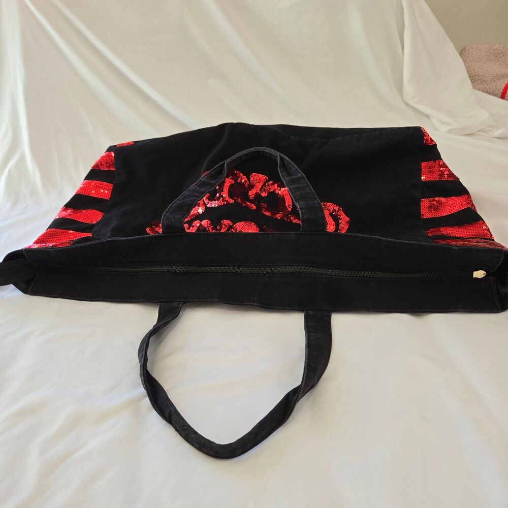 Victorias Secret Tote Bag 2000's Y2K Size XL Black Canvas Red Sequin Lip Design - Picture 7 of 9